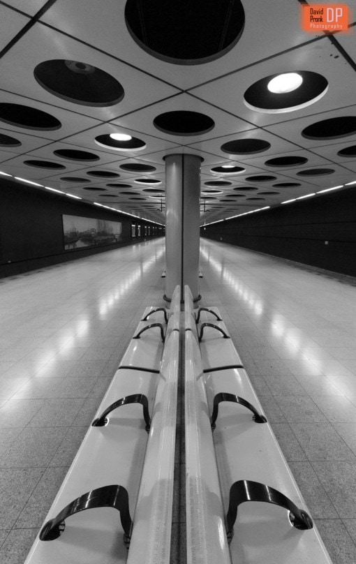 Interior view of the railway station at Schiphol airport.