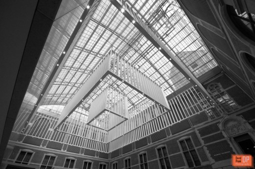 Ceiling view of the entrance hall at the Rijksmuseum in Amsterdam.